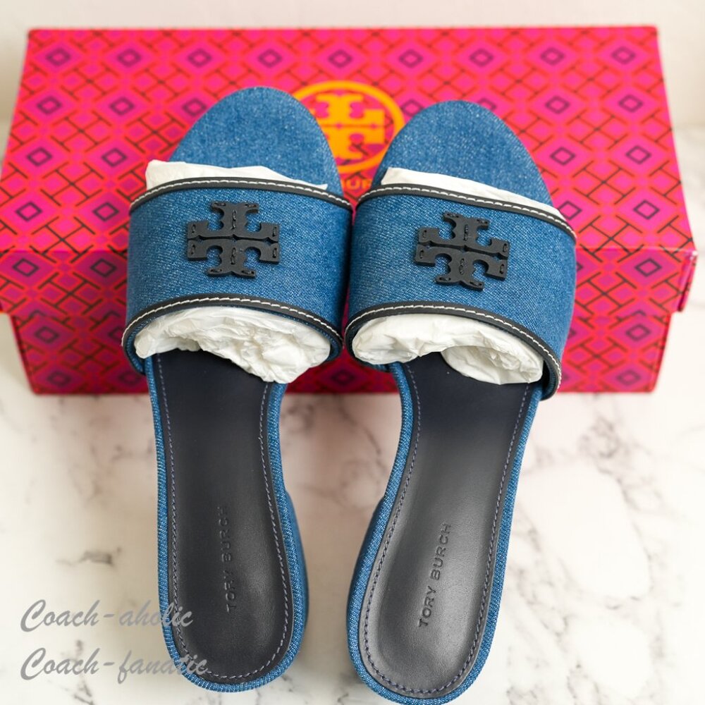 NIB Tory Burch Everly Block Heel Slide Sandals in Denim